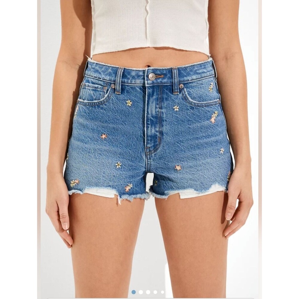 AE American Eagle High Rise Floral Embroidered Distressed Denim Mom Shorts Sz 0